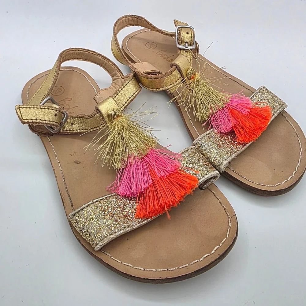 Mini Boden Girls Gold Glitter Tassel Sandals Size EU 28 Metallic Pink Orange